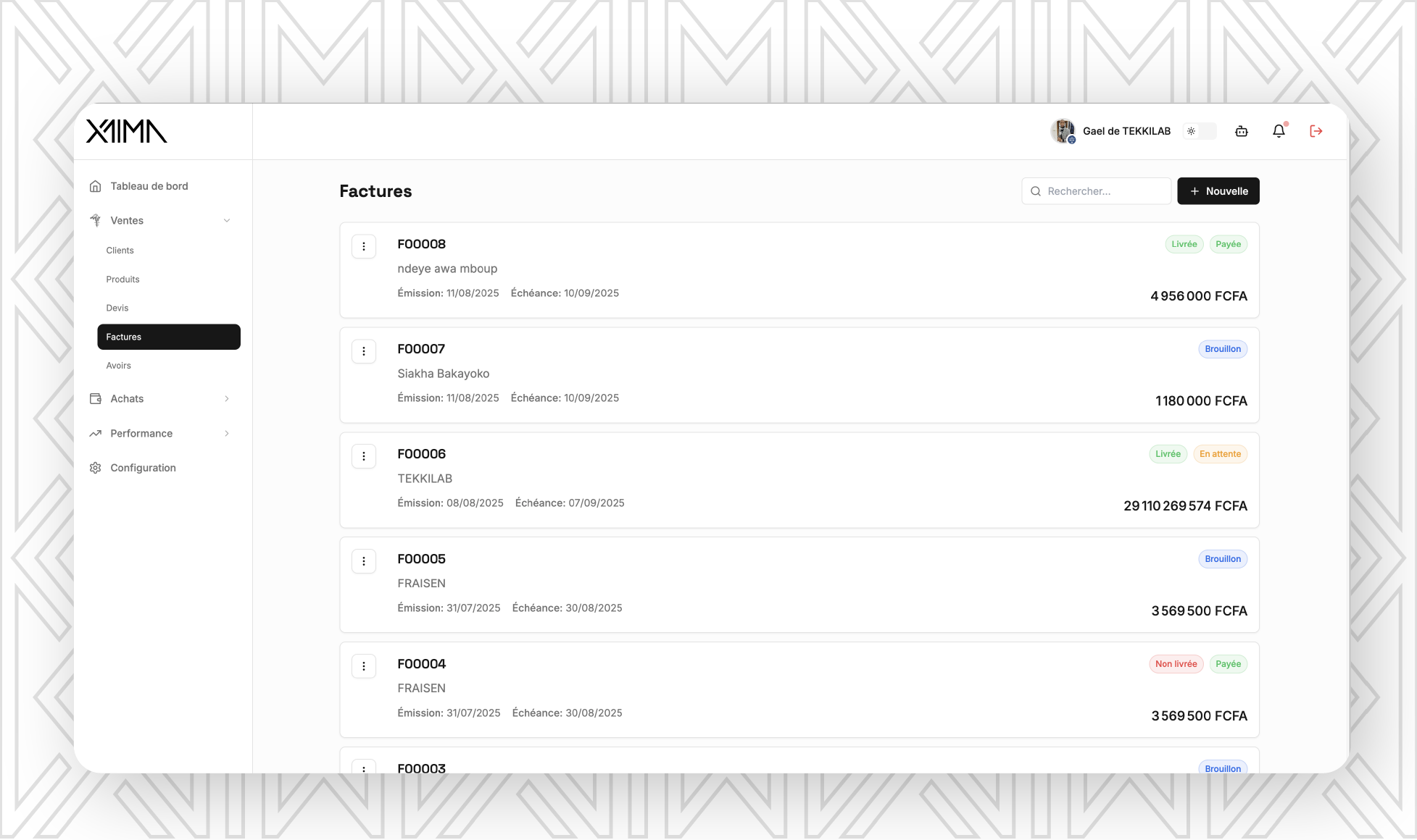 XAIMA dashboard avec interface de gestion des factures